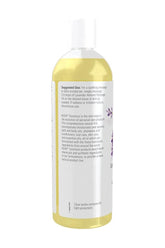 Now Foods Lavender Almond Massage Oil 473 ml with instructions and benefits on the label.